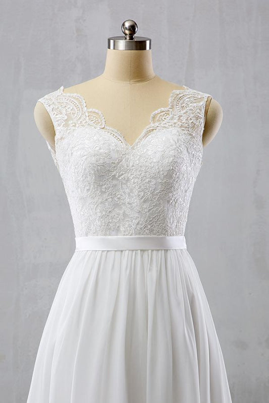 V-neck Lace Chiffon Flowy A-line Wedding Dress