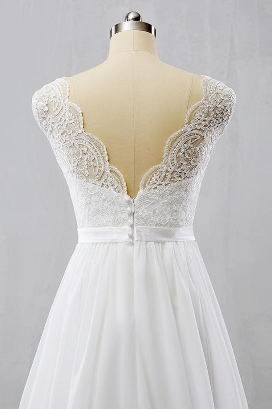V-neck Lace Chiffon Flowy A-line Wedding Dress