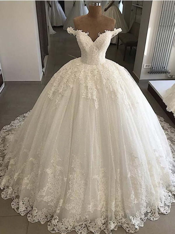 V-Neck Lace Sequins Ball Gown Wedding Dresses