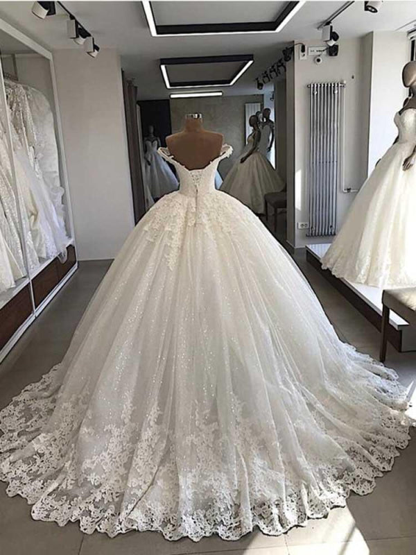 V-Neck Lace Sequins Ball Gown Wedding Dresses