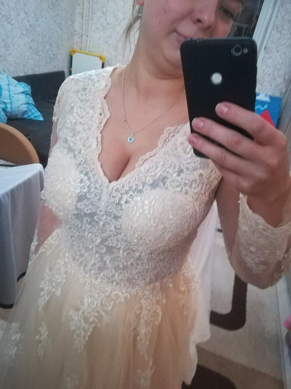 V-neck Lace Tulle Long Sleeve A-line Wedding Dress