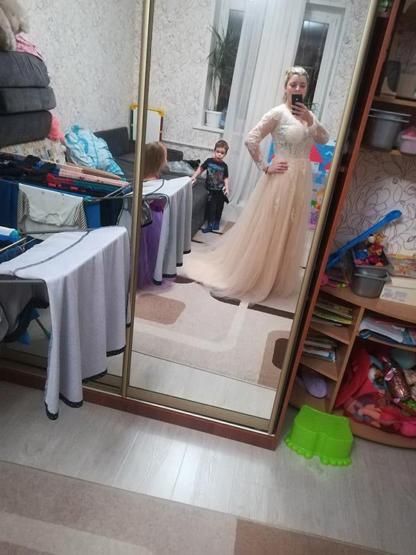 V-neck Lace Tulle Long Sleeve A-line Wedding Dress
