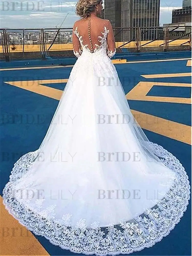 V-Neck Long Sleeves Covered Button Ball Gown Wedding Dresses