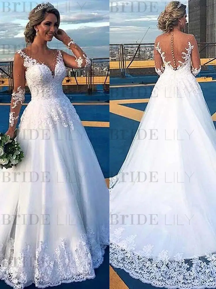 V-Neck Long Sleeves Covered Button Ball Gown Wedding Dresses