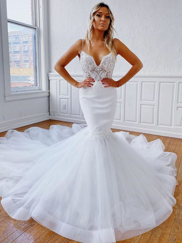 V Neck Mermaid Backless Wedding Dresses White Chapel Train Lace Dress