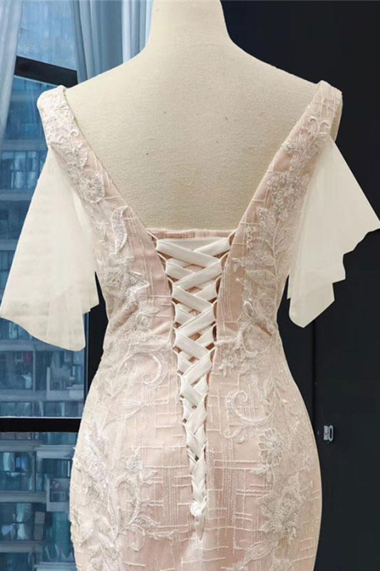 V-Neck Short Sleeve Appliques Mermaid Wedding Dress