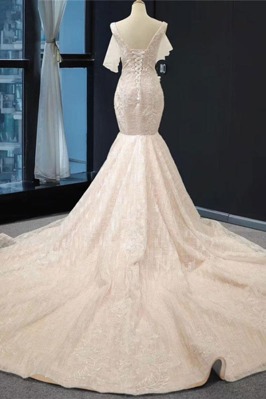 V-Neck Short Sleeve Appliques Mermaid Wedding Dress