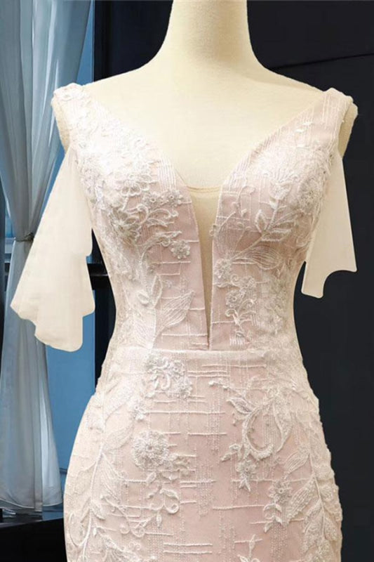 V-Neck Short Sleeve Appliques Mermaid Wedding Dress