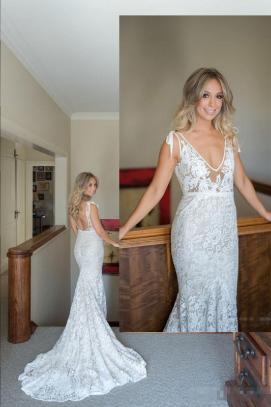 V Neck Sleeveless Mermaid Romantic Lace Gowns Wedding Dress