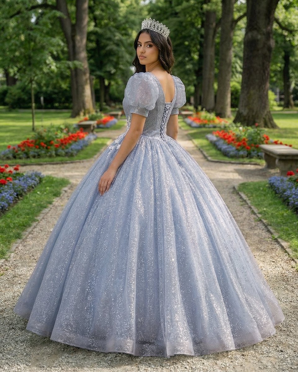 Quinceanera Dress V Neck Tulle Sequin Gray Blue Long Prom Dress