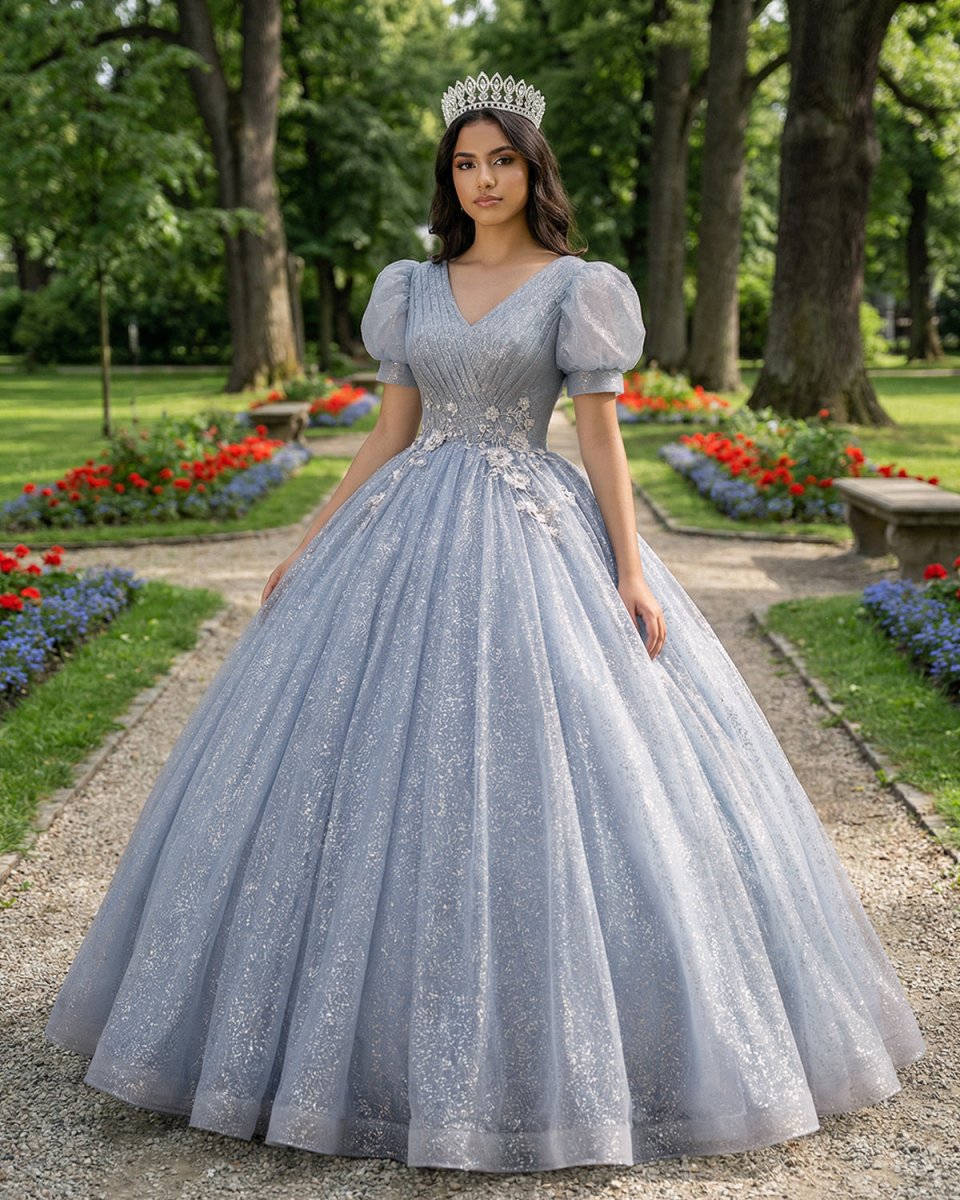 Quinceanera Dress V Neck Tulle Sequin Gray Blue Long Prom Dress