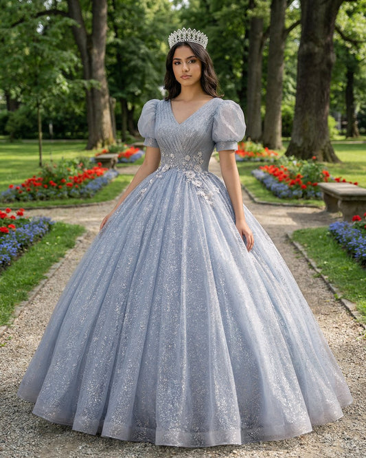 Quinceanera Dress V Neck Tulle Sequin Gray Blue Long Prom Dress