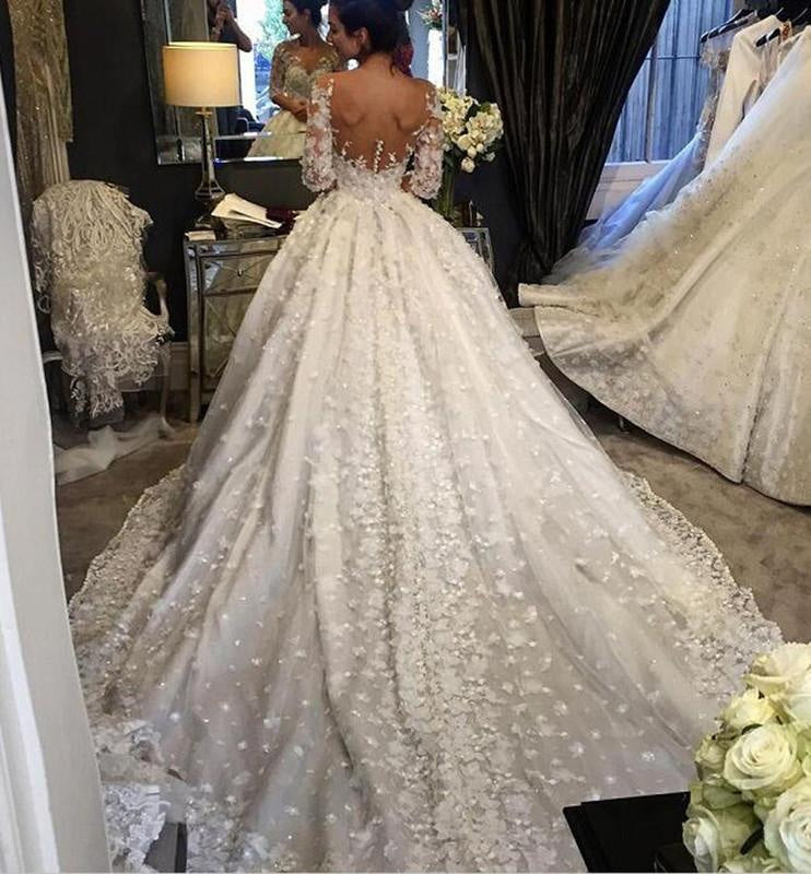 Vintage Appliqued Half Sleeve Flowers Ball Gown Luxury Tulle Wedding Dress