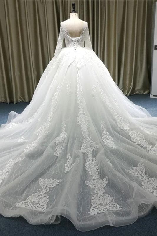 Vintage Appliques Long Sleeve Tulle Wedding Dress