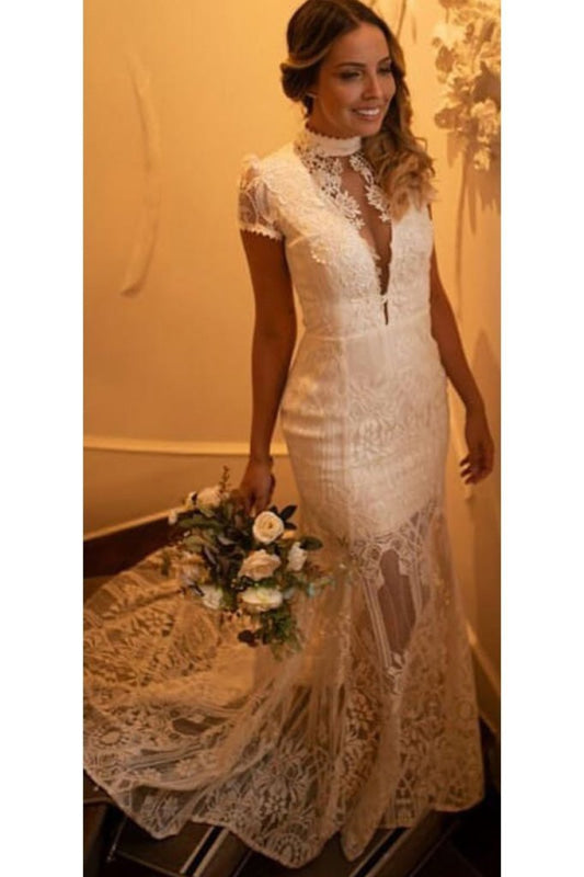Vintage High Neck Lace Short Sleeve Wedding Dress
