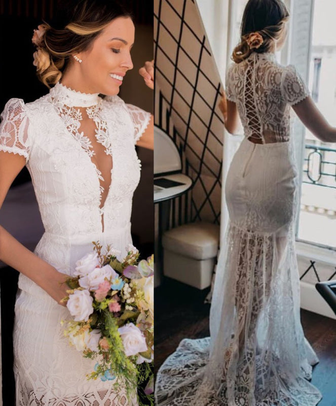 Vintage High Neck Lace Short Sleeve Wedding Dress