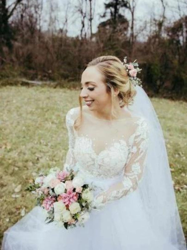 Vintage Illusion Long Sleeve Lace Boho Tulle Wedding Dress