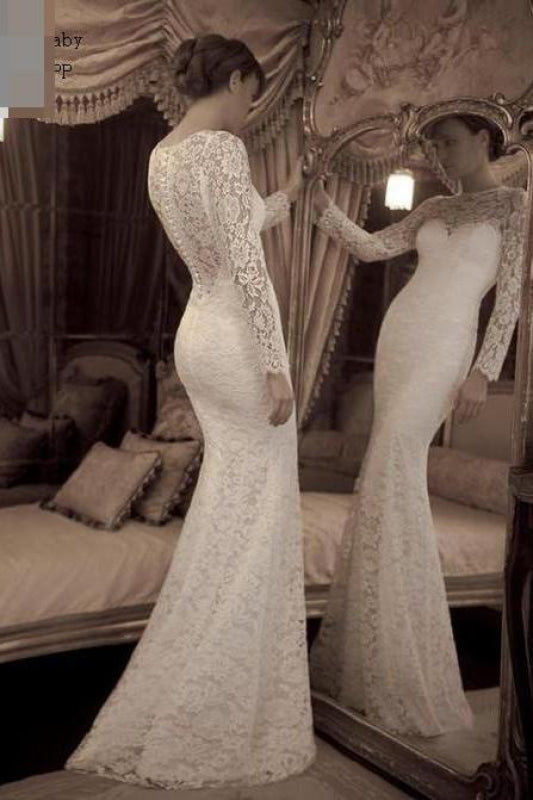 Vintage Ivory Trumpet Long Sleeves Beach Wedding Dress Lace