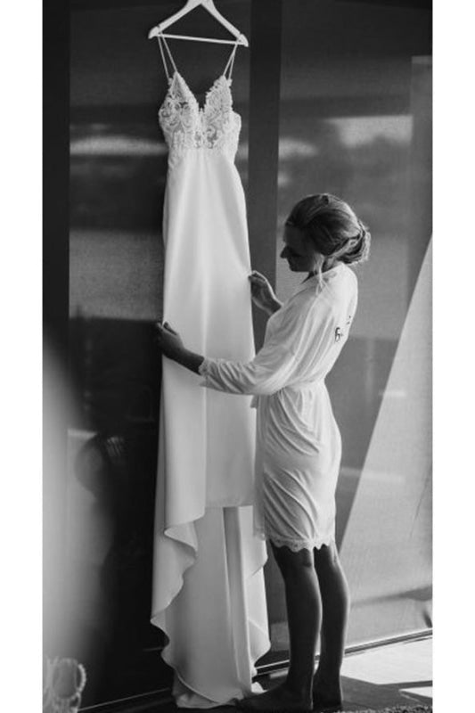 Vintage Lace Top Spaghetti Strap Backless Long Wedding Dress