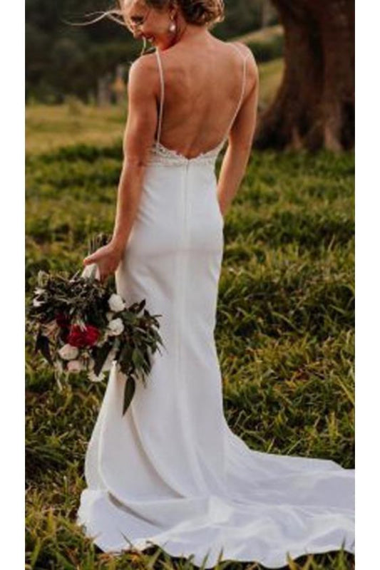 Vintage Lace Top Spaghetti Strap Backless Long Wedding Dress
