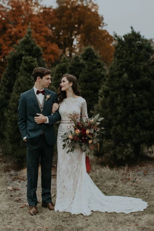 Vintage Long Sleeves Backless Rustic Lace Wedding Dress