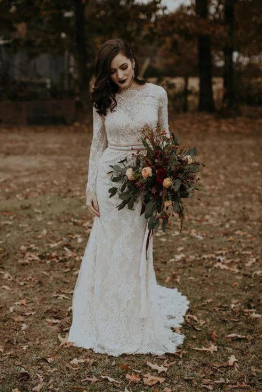 Vintage Long Sleeves Backless Rustic Lace Wedding Dress