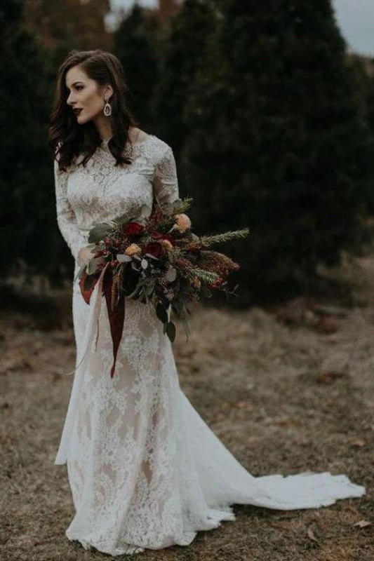 Vintage Long Sleeves Backless Rustic Lace Wedding Dress