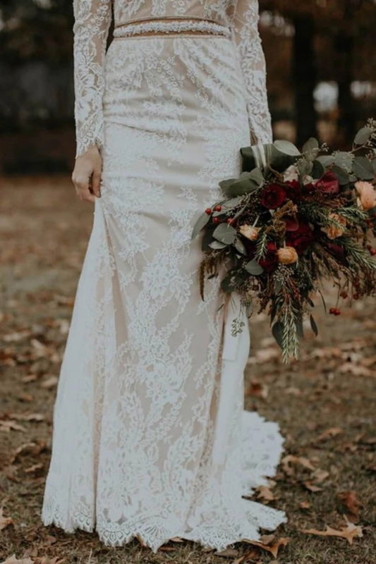 Vintage Long Sleeves Backless Rustic Lace Wedding Dress