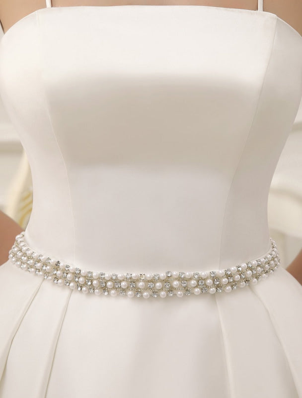 Vintage Spaghetti Straps Backless Satin Short Wedding Dress With Pearls
