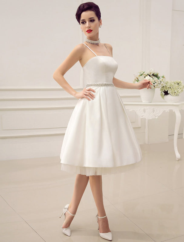 Vintage Spaghetti Straps Backless Satin Short Wedding Dress With Pearls