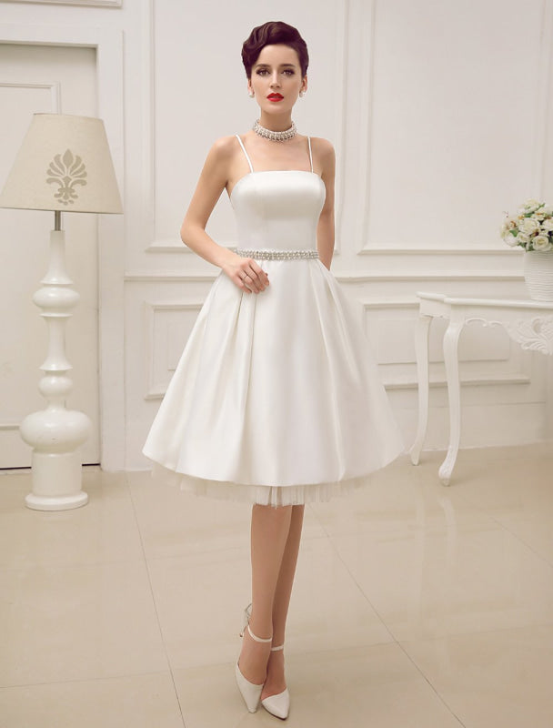 Vintage Spaghetti Straps Backless Satin Short Wedding Dress With Pearls
