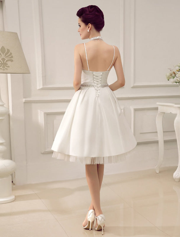 Vintage Spaghetti Straps Backless Satin Short Wedding Dress With Pearls