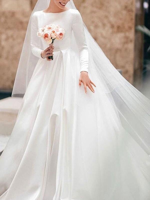 Vintage Wedding Dress Jewel Neck Sleeveless Satin Chapel Train Pleated Dresses For Bride