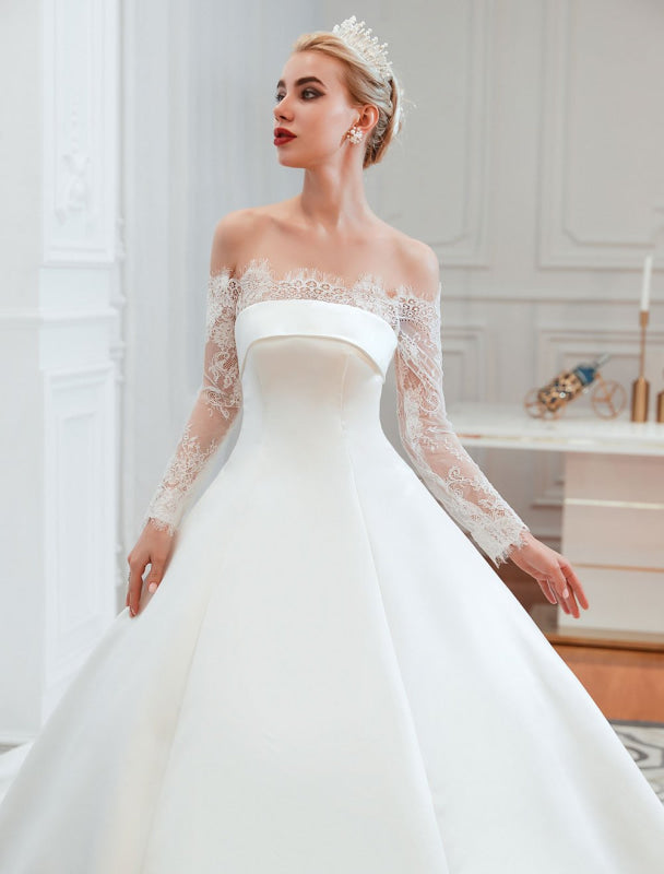 Vintage Wedding Dress Off The Shoulder Long Sleeve Princess Satin Floor Length Bridal Gowns With Train