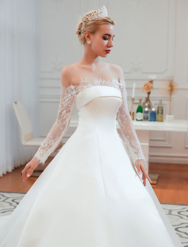 Vintage Wedding Dress Off The Shoulder Long Sleeve Princess Satin Floor Length Bridal Gowns With Train