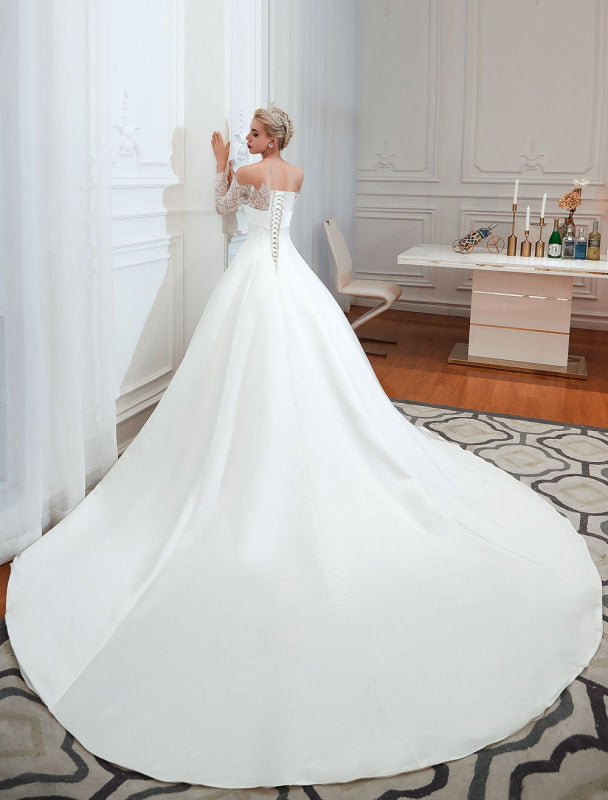 Vintage Wedding Dress Off The Shoulder Long Sleeve Princess Satin Floor Length Bridal Gowns With Train