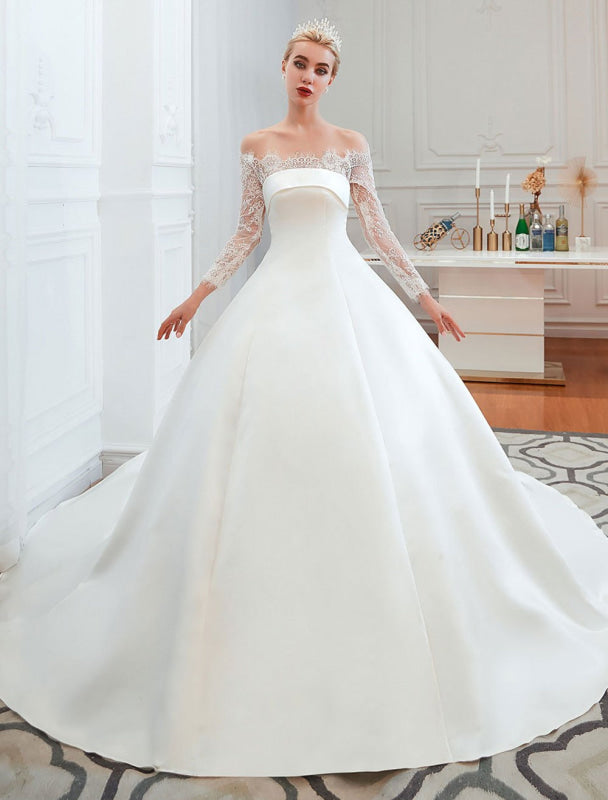 Vintage Wedding Dress Off The Shoulder Long Sleeve Princess Satin Floor Length Bridal Gowns With Train