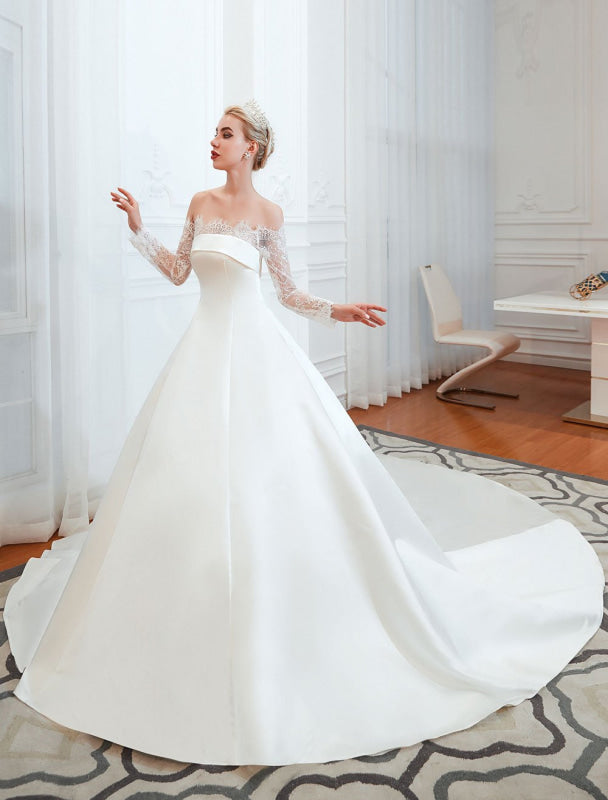 Vintage Wedding Dress Off The Shoulder Long Sleeve Princess Satin Floor Length Bridal Gowns With Train