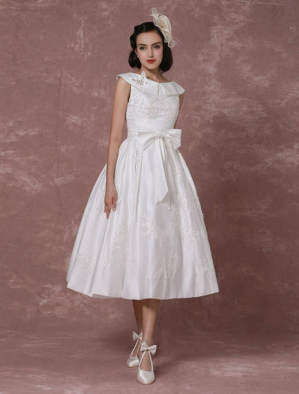 Vintage Wedding Dress Satin Short Bridal Gown Lace Beading Tea Length Reception Bridal Dress Detachable Bow Sash Exclusive