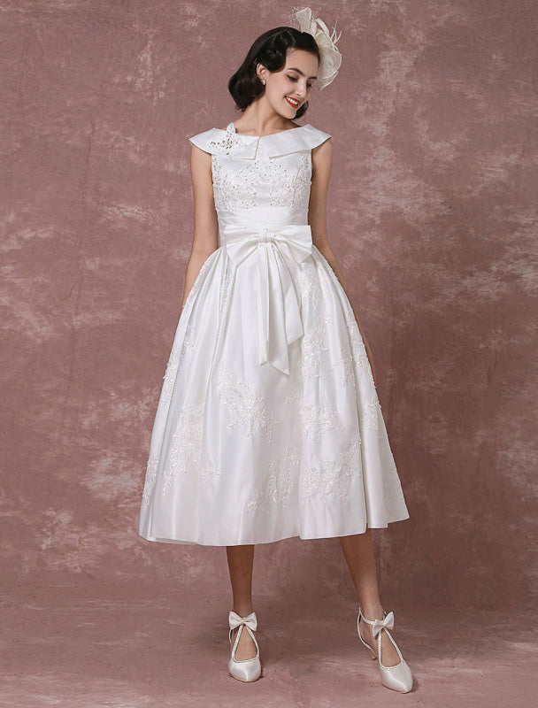 Vintage Wedding Dress Satin Short Bridal Gown Lace Beading Tea Length Reception Bridal Dress Detachable Bow Sash Exclusive