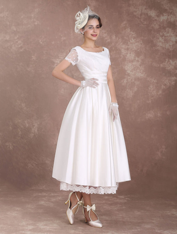 Vintage Wedding Dress Short Sleeve 1950'S Bridal Dress Backless Polka Dot Lace Ivory Wedding Reception Dress