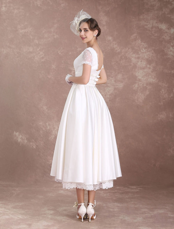 Vintage Wedding Dress Short Sleeve 1950'S Bridal Dress Backless Polka Dot Lace Ivory Wedding Reception Dress