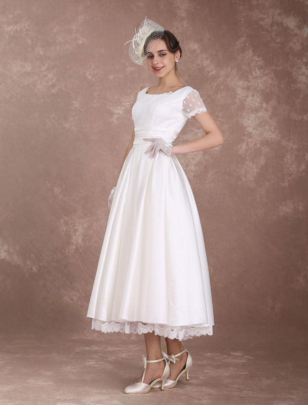 Vintage Wedding Dress Short Sleeve 1950'S Bridal Dress Backless Polka Dot Lace Ivory Wedding Reception Dress