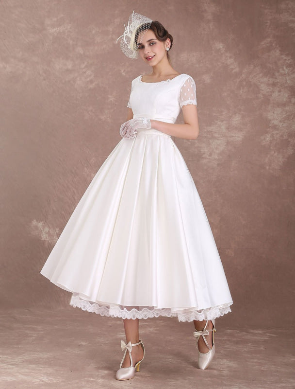 Vintage Wedding Dress Short Sleeve 1950'S Bridal Dress Backless Polka Dot Lace Ivory Wedding Reception Dress