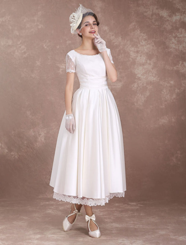 Vintage Wedding Dress Short Sleeve 1950'S Bridal Dress Backless Polka Dot Lace Ivory Wedding Reception Dress