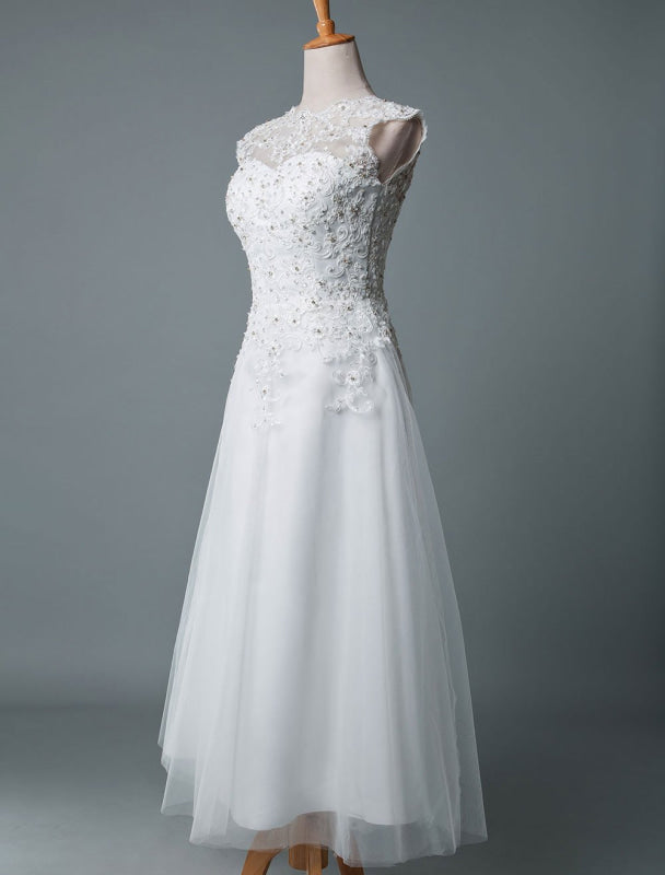 Tea Length Vintage Wedding Dress Jewel Neck Sleeveless A Line Tulle Short Bridal Dress