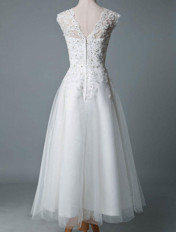 Tea Length Vintage Wedding Dress Jewel Neck Sleeveless A Line Tulle Short Bridal Dress