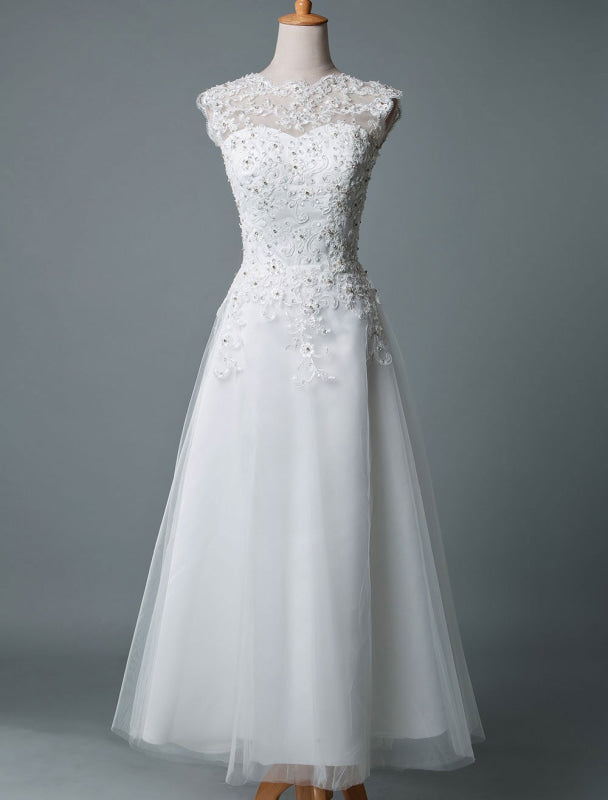 Tea Length Vintage Wedding Dress Jewel Neck Sleeveless A Line Tulle Short Bridal Dress