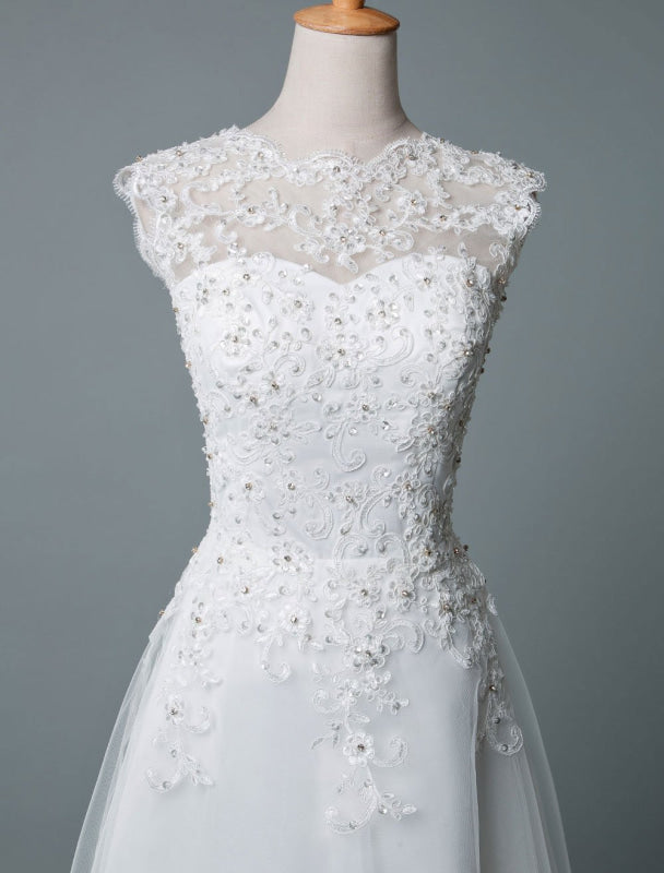 Tea Length Vintage Wedding Dress Jewel Neck Sleeveless A Line Tulle Short Bridal Dress
