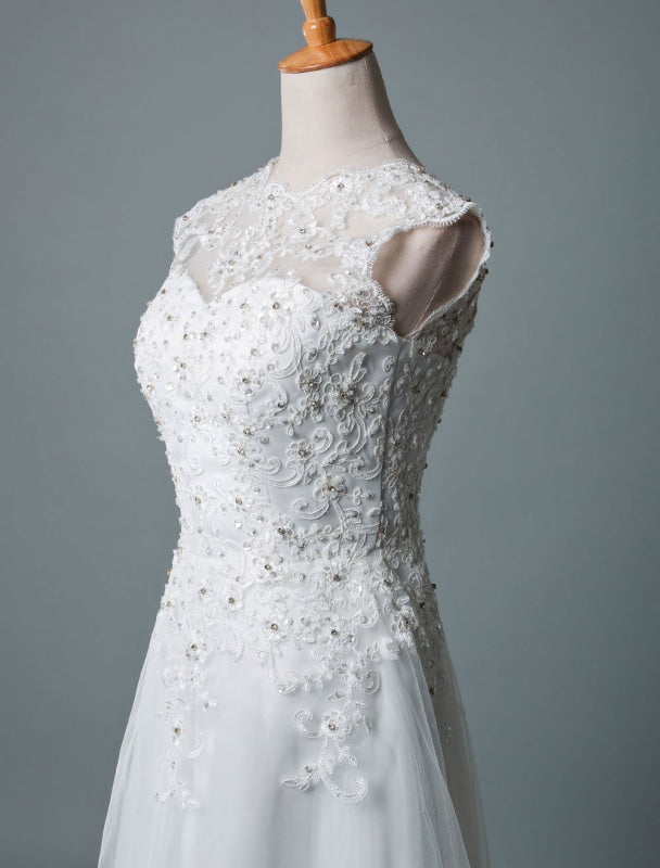 Tea Length Vintage Wedding Dress Jewel Neck Sleeveless A Line Tulle Short Bridal Dress